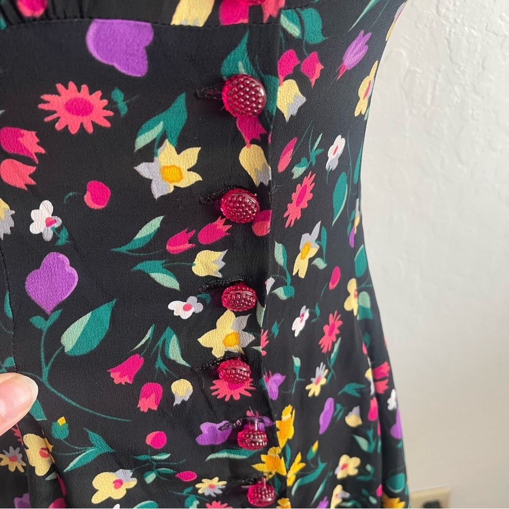 Vintage 1990s Betsey Johnson Black Floral Mini Dress Button Front Womens Size XS - Picture 6 of 10